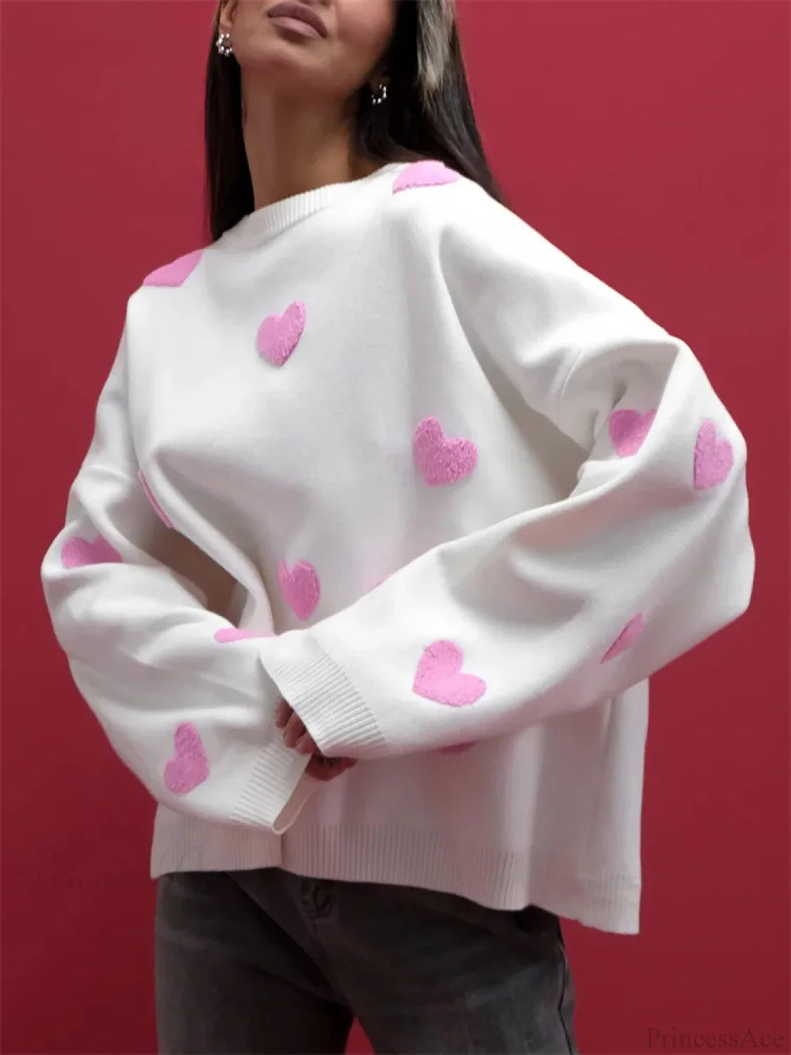 Loose Fashion Patchwork Long Sleeve Sweater Rose Red / S
