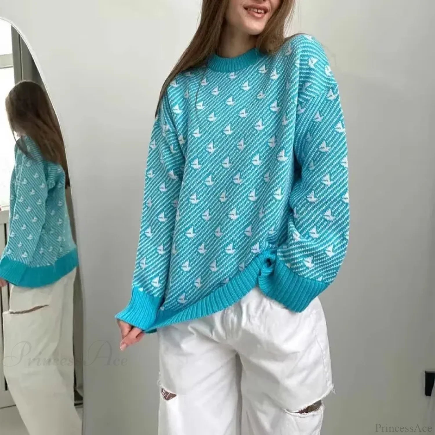 Loose Fashion Printed Long Sleeve Sweater Blue / S