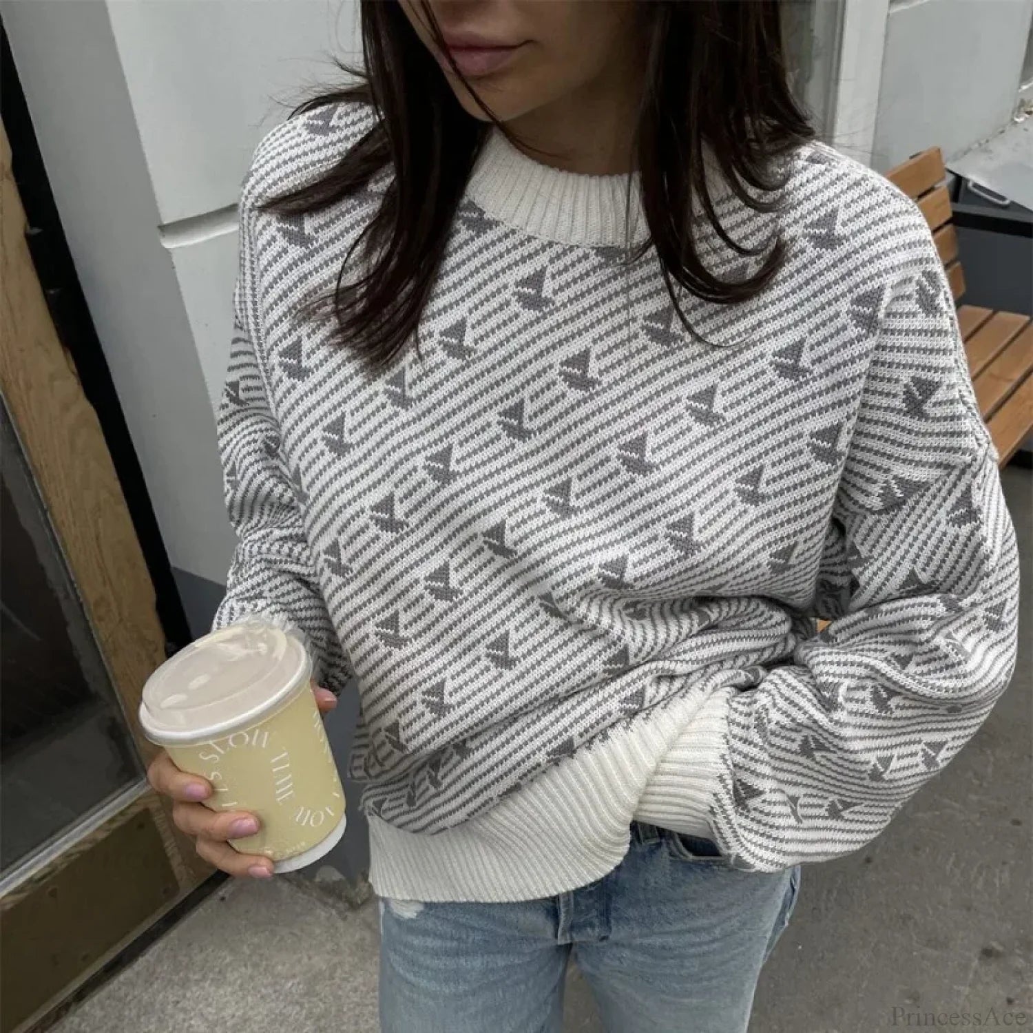 Loose Fashion Printed Long Sleeve Sweater Grey / S