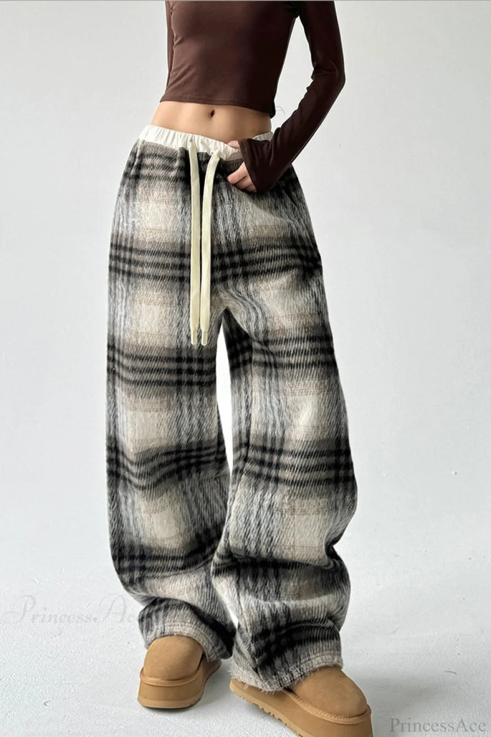 Loose Fit Woolen Plaid Wide Leg Pants Grey / S