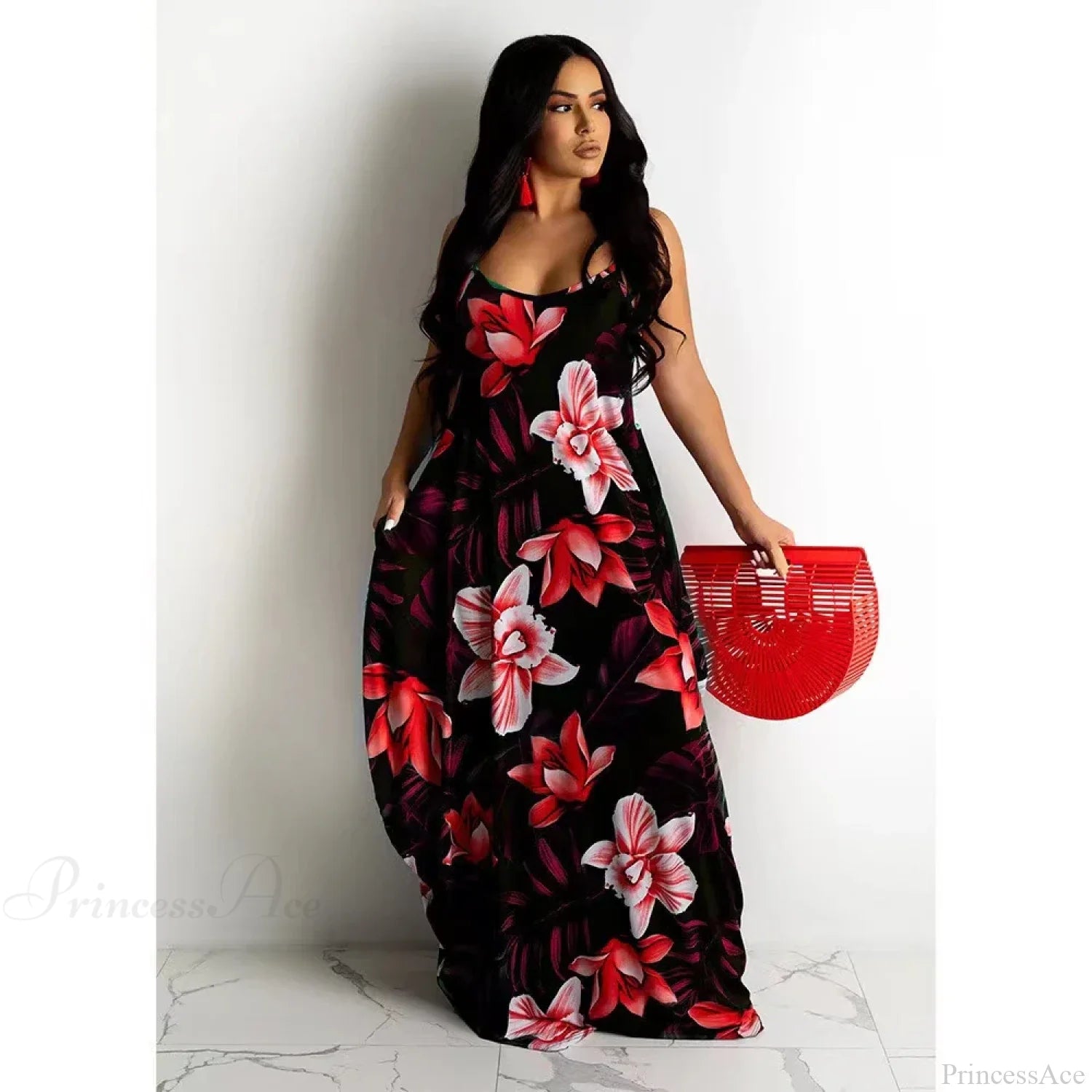 Loose Floral Print Slip Dress Long Skirt Floral Dress honghua-hogcao / S floraldress-250126