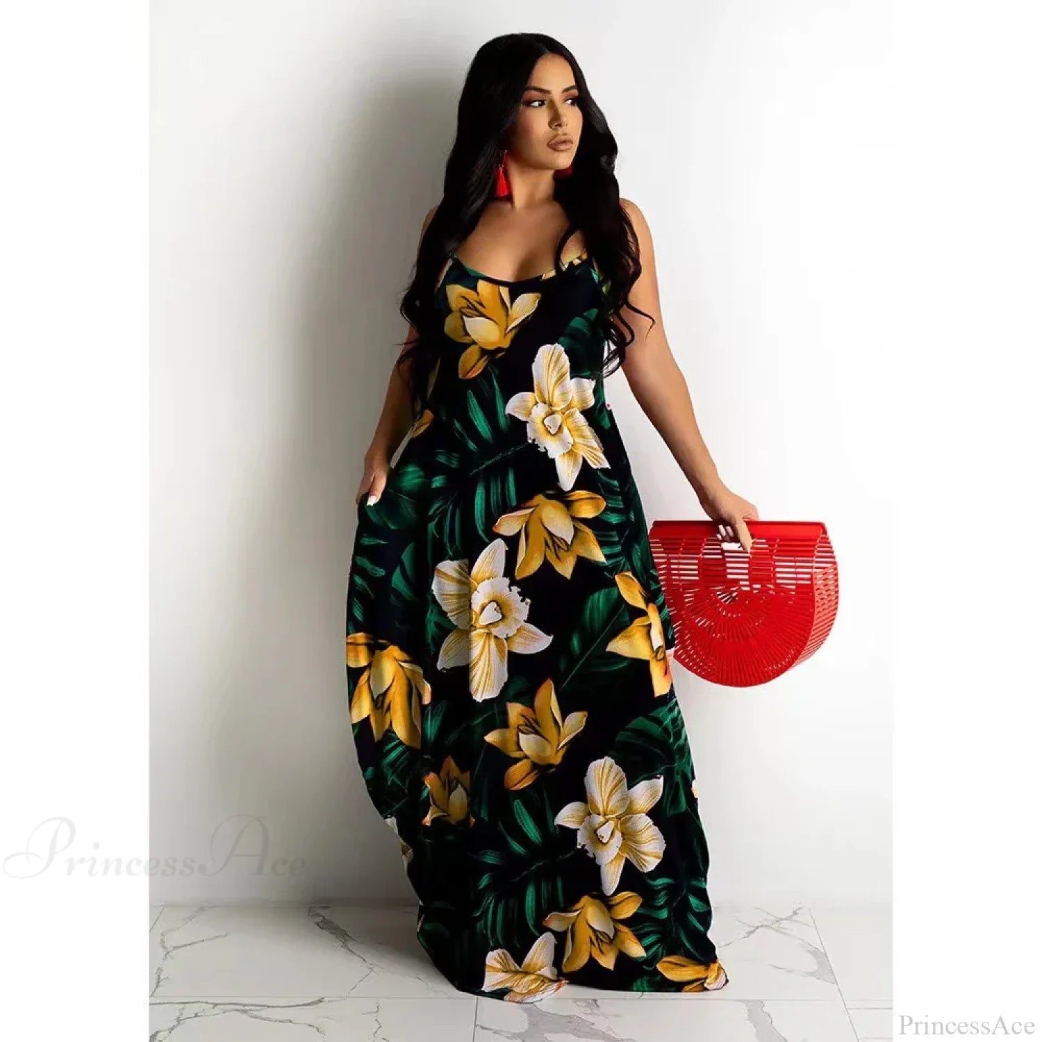 Loose Floral Print Slip Dress Long Skirt Floral Dress Yellow / S floraldress-250126