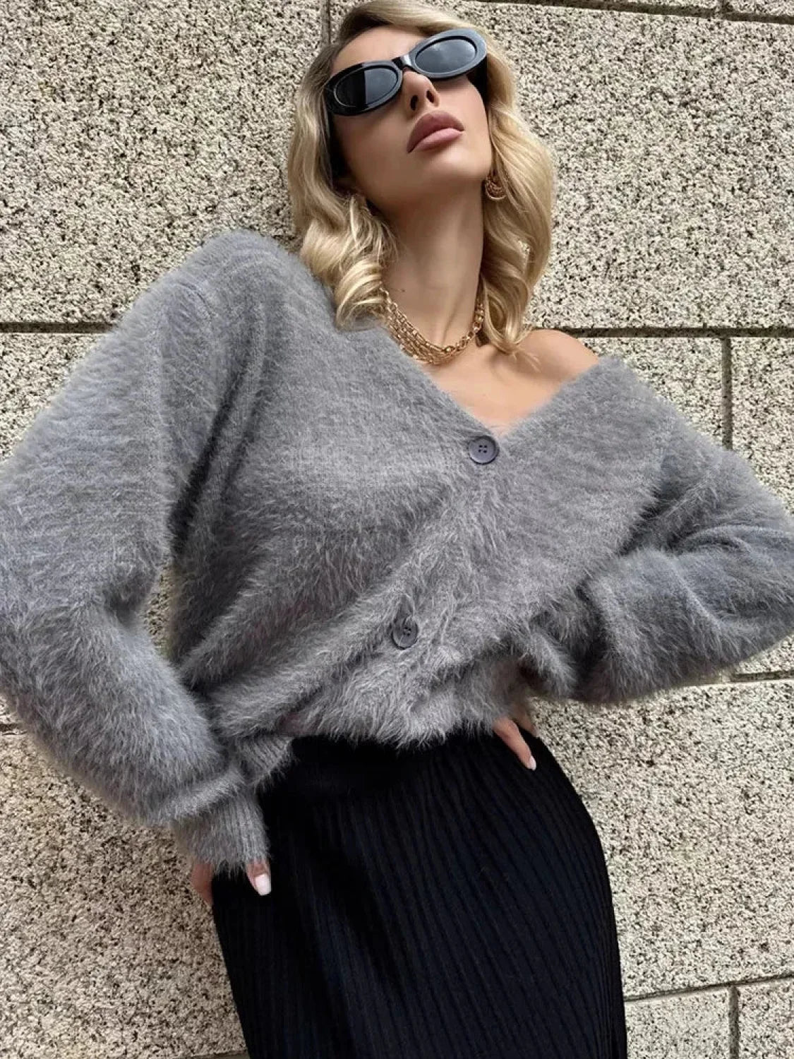 Loose Off Shoulder V-neck Cardigan Dark Gray / S