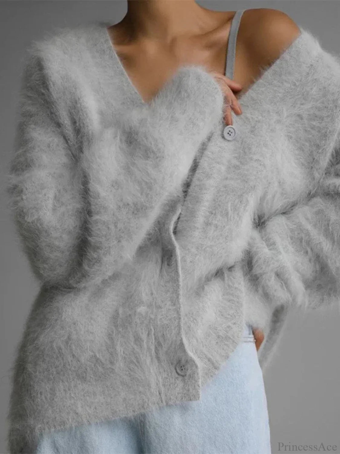 Loose Off Shoulder V-neck Cardigan Light Grey / S