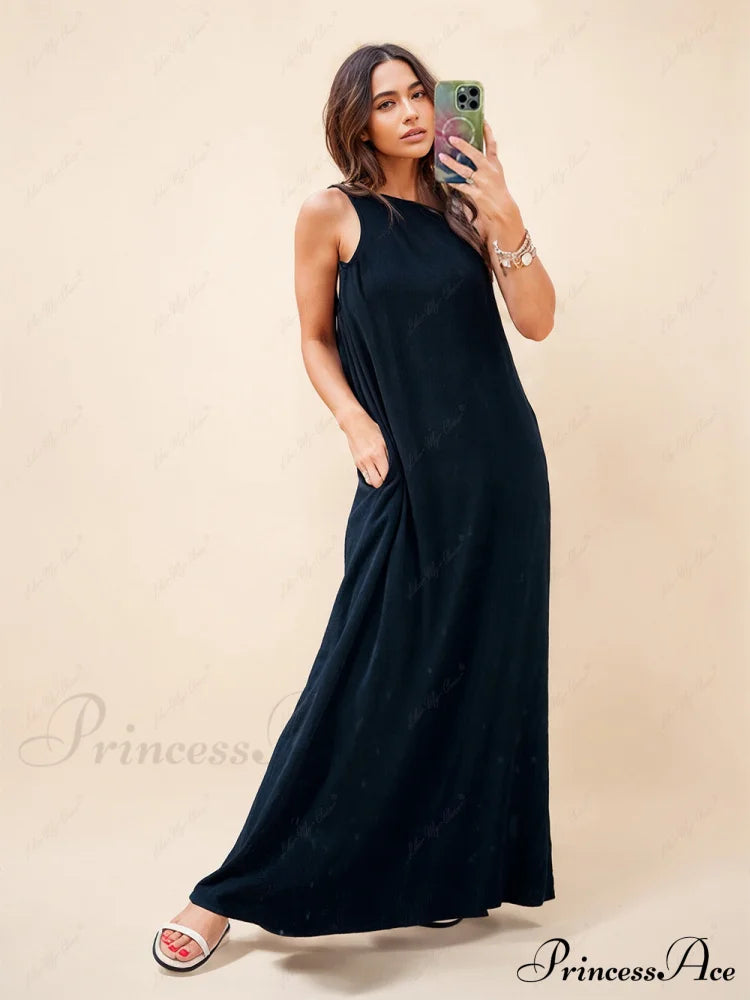 Loose One-Shoulder Sleeve Charming Pleated Pocket Dress Black / S Dresses