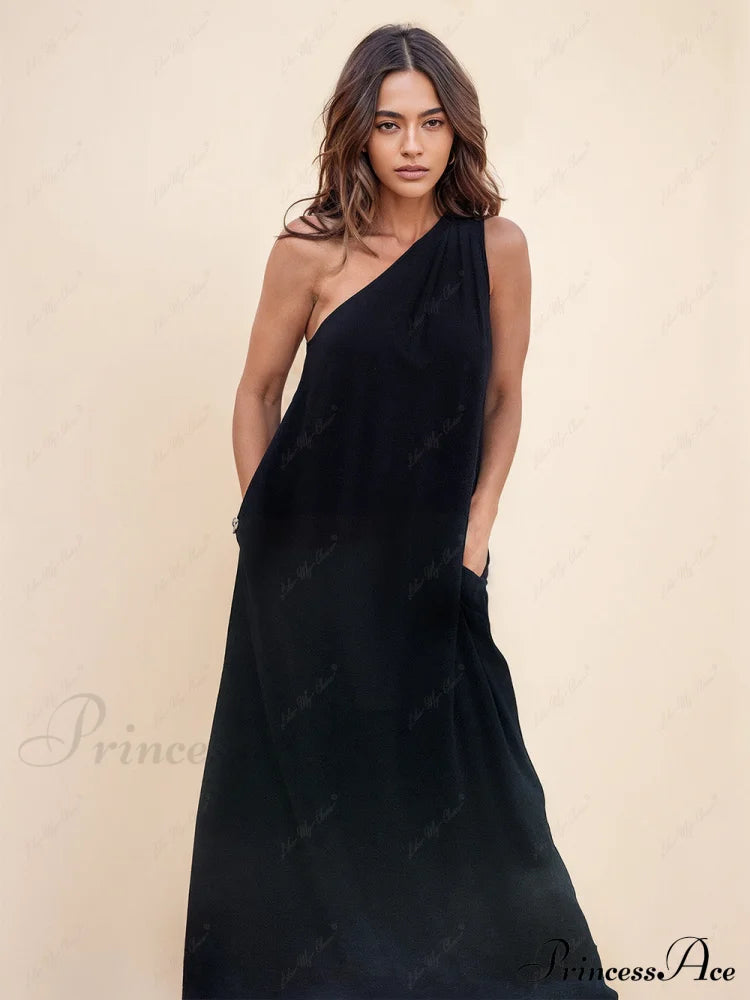 Loose One-Shoulder Sleeve Charming Pleated Pocket Dress Dresses