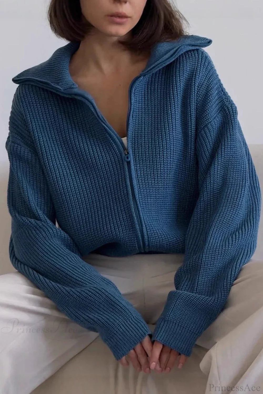 Loose Solid Zip Lapel Cardigan Blue / S