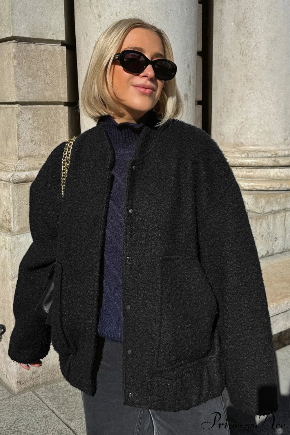 Loose Stand Collar Textured Wool Casual Coat