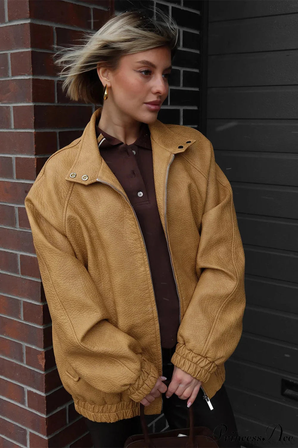 Loose Stand Collar Zipper Textured PU Leather Coat Yellow / S