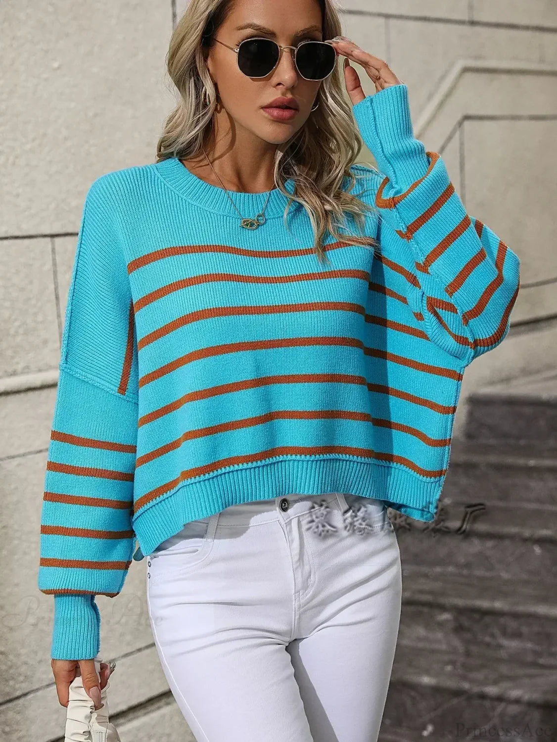 Loose Striped Crochet Sweet Sweater Blue / S