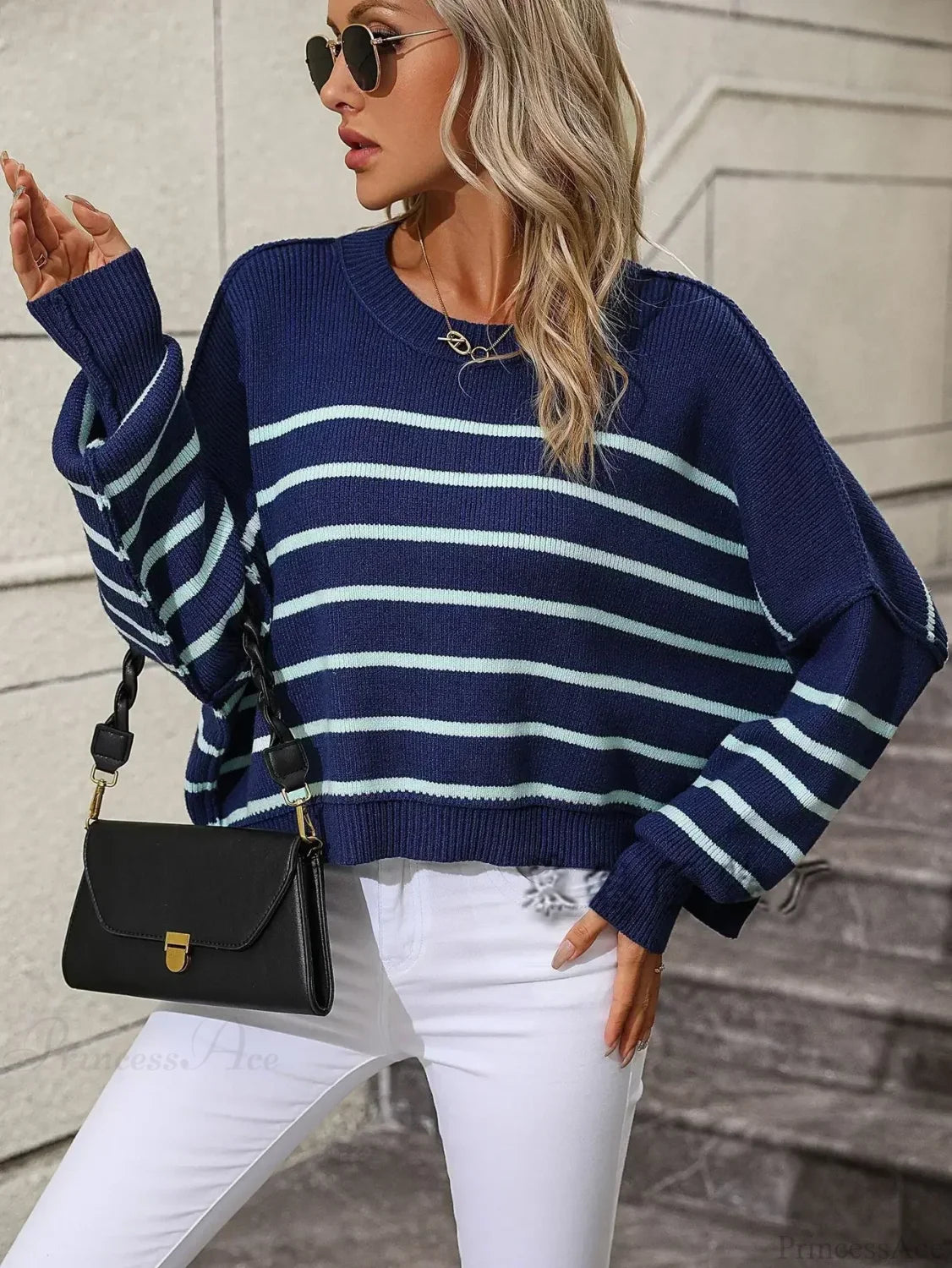Loose Striped Crochet Sweet Sweater navy / S