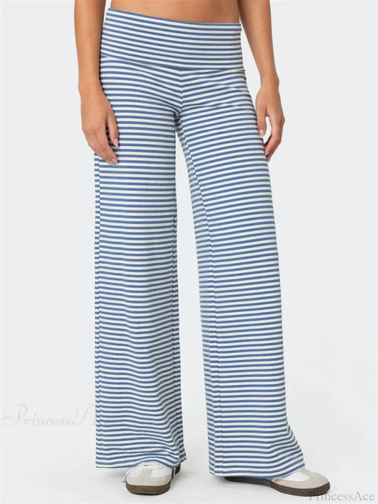 Loose Wide-Leg Striped Elastic Waist Streetwear Pant Blue / S pant-250223