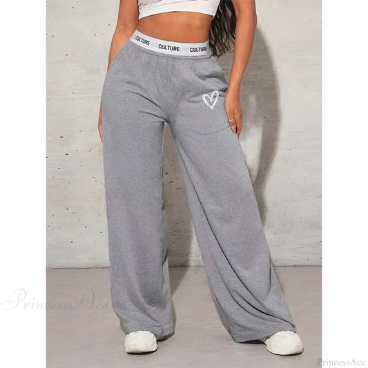 Love Print Casual Wide Leg Pants GRAY / XS