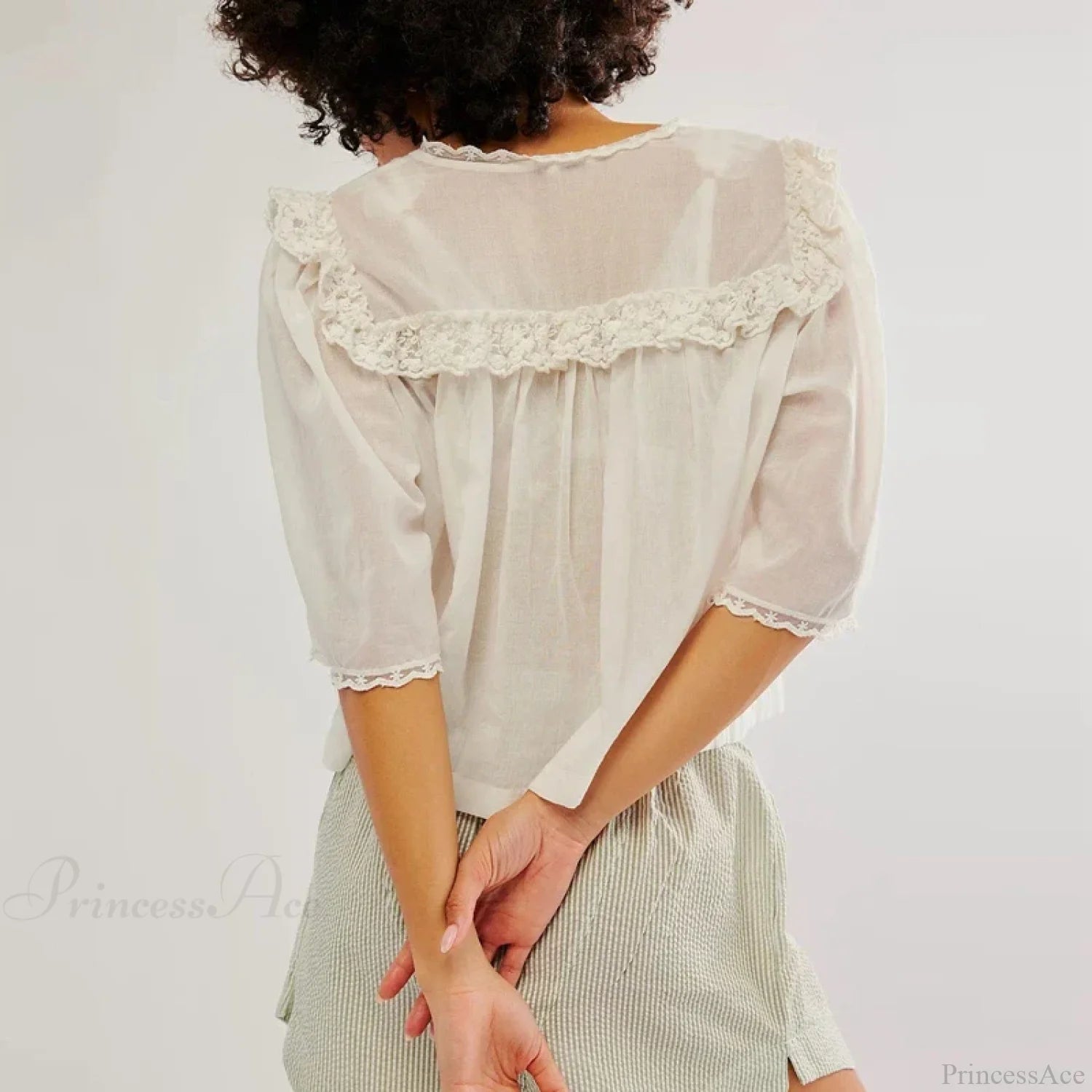 Low Cut Chiffon Ruffle Lace Trim Blouse blouse-250223