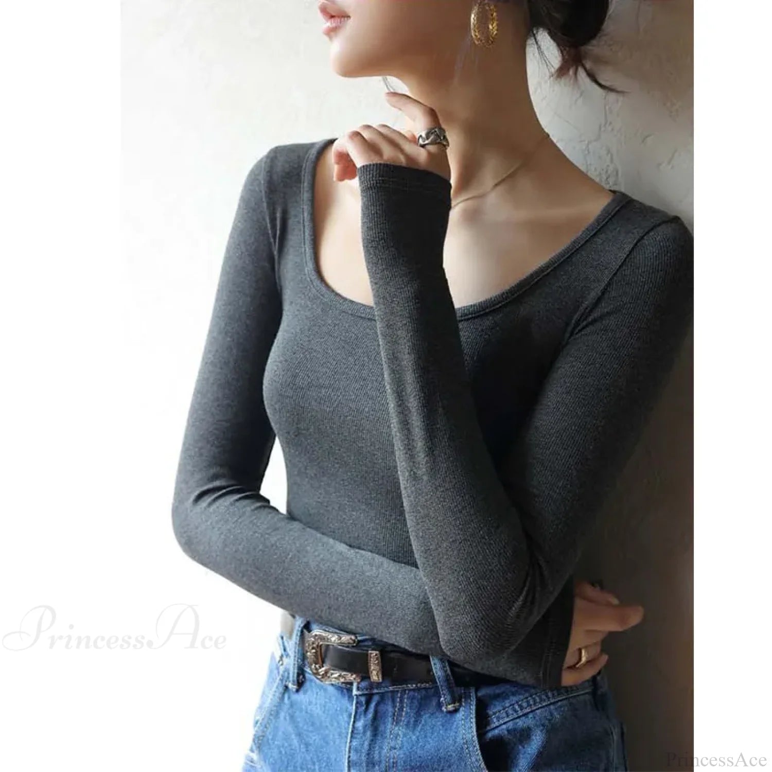 Low Neck Undercoat Slim Fit Sweater GRAY / S