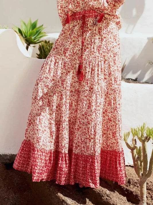 Low Waist A-line Beach Skirt Floral Red Maxi Ruffled Holiday Skirts / XS