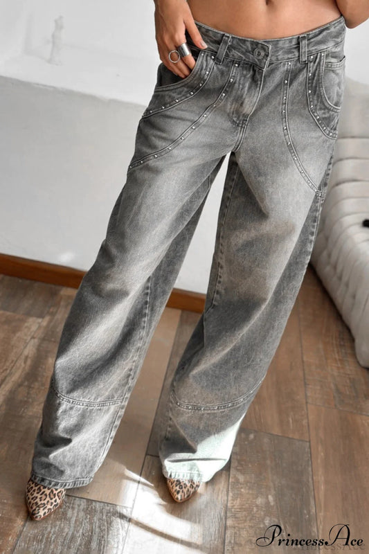 Low Waisted Relaxed Rhinestone Straight Jeans Grey / S