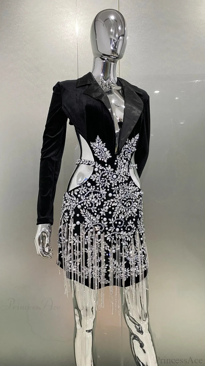 Luxury Diamonds Tassel Sexy Hollow Notched Black Mini Dress Evening Party Christmas Dresses-L