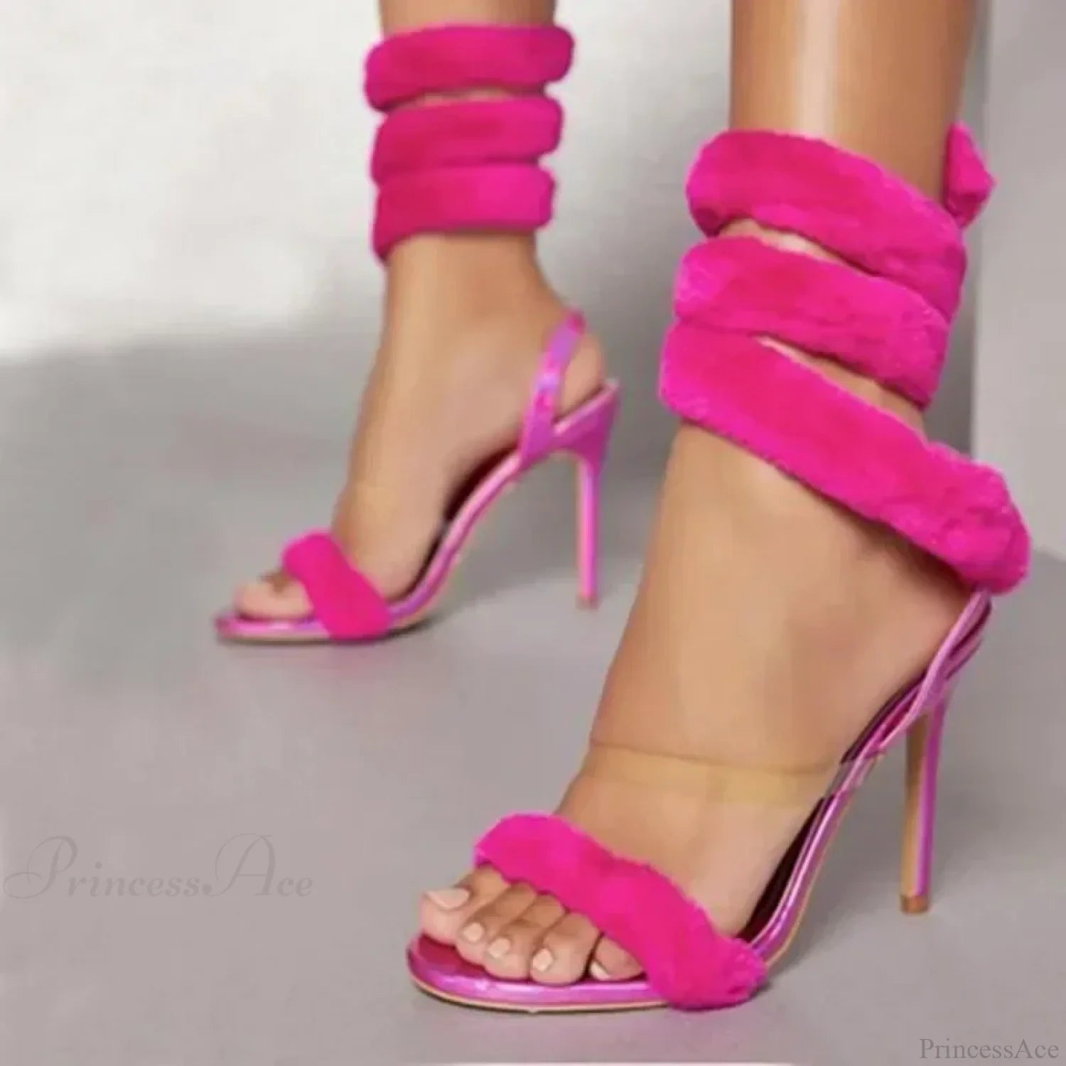 Luxury Furry Serpentine Winding High Heel Sandals Open Toe Ankle Strap Modern Wedding