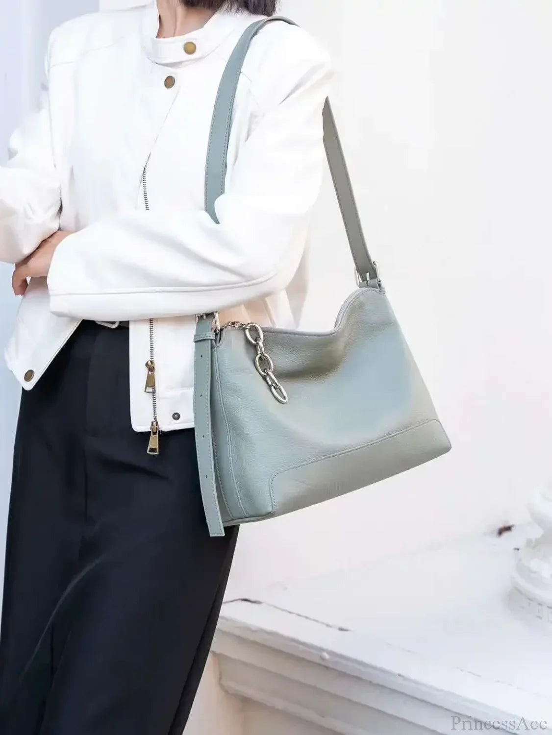 Luxury Genuine Leather Versatile Shoulder Hobo Bag light green / 31 x 23 x 12 cm shoulder-250126