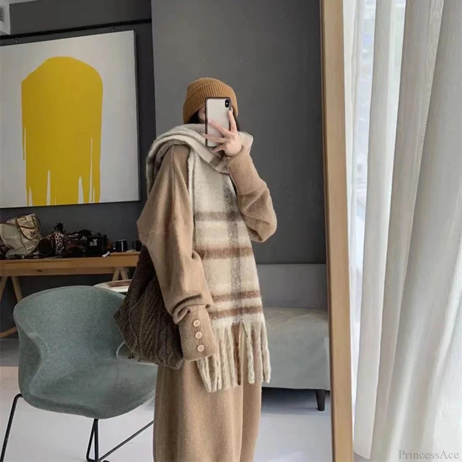 Luxury Plaid Cashmere Long Bandana Pashmina Scarf For Women Apricot Scarfs-L