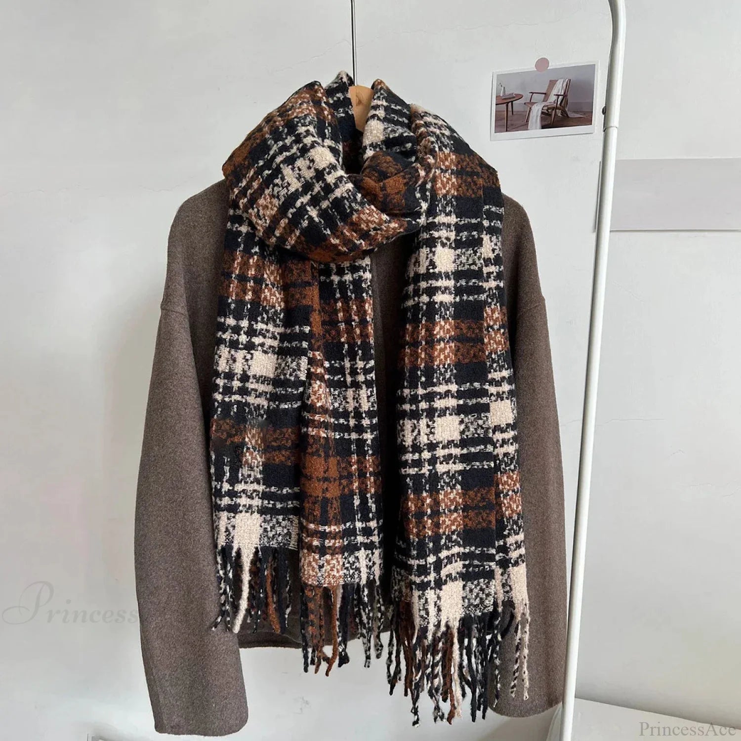 Luxury Plaid Cashmere Long Bandana Pashmina Scarf For Women Brown 1 Scarfs-L