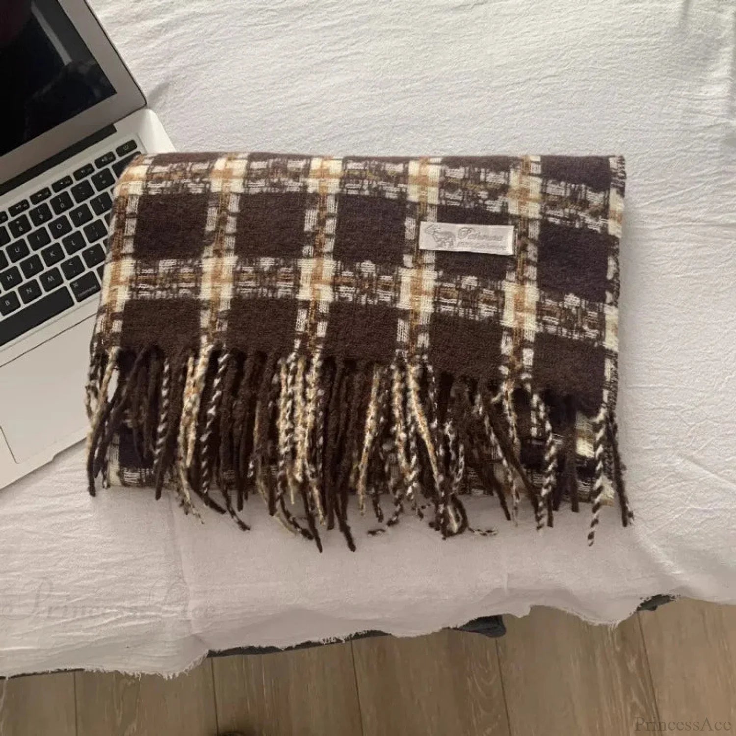 Luxury Plaid Cashmere Long Bandana Pashmina Scarf For Women Brown 3 Scarfs-L