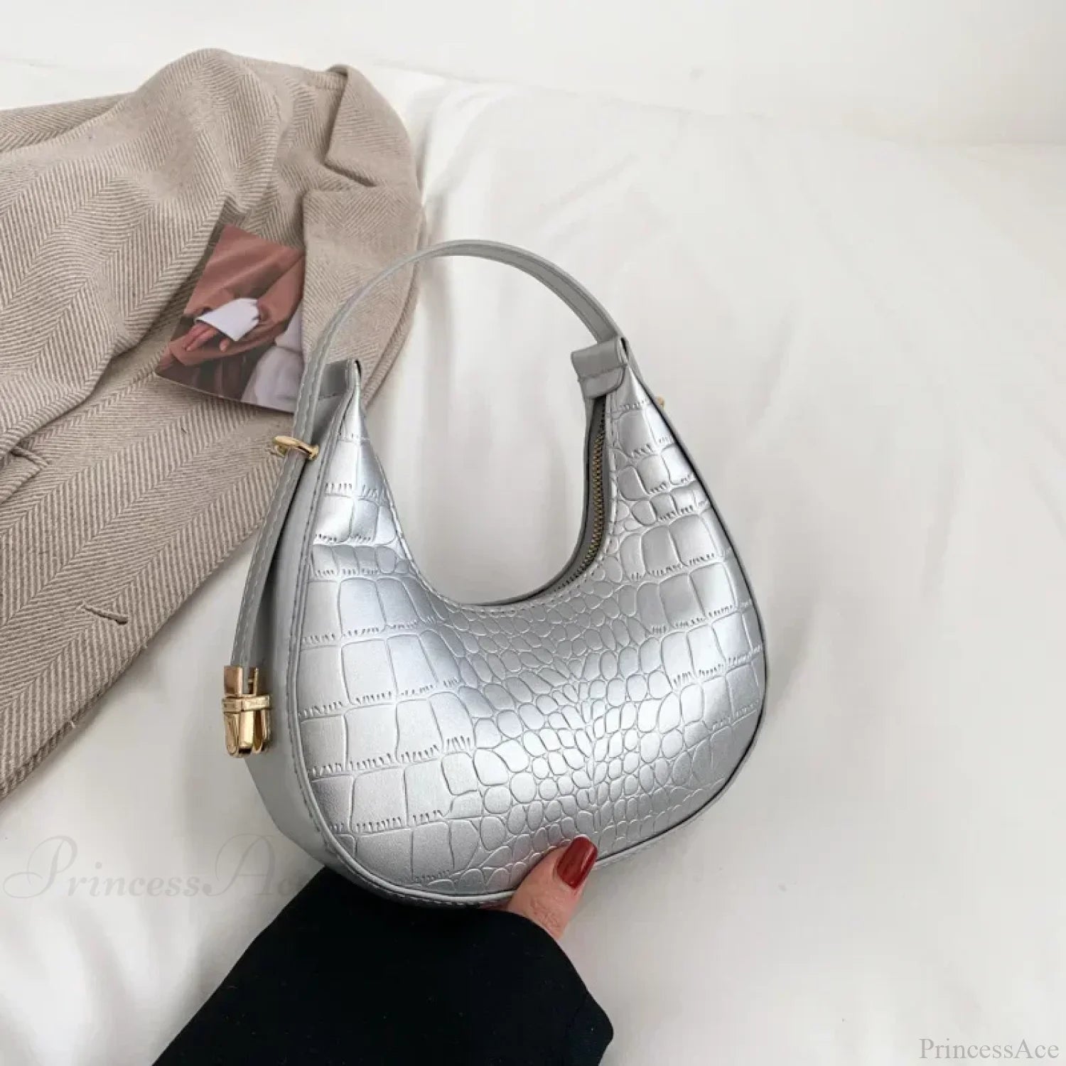 Luxury PU Leather Small Shoulder Clutch Bag Silver-Alligator shoulder-250126