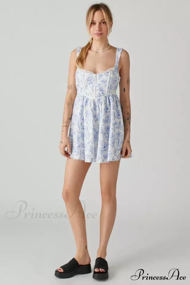 Maisie Linen Stylish Floral Mini Dress 4 Days / 6 S Blue