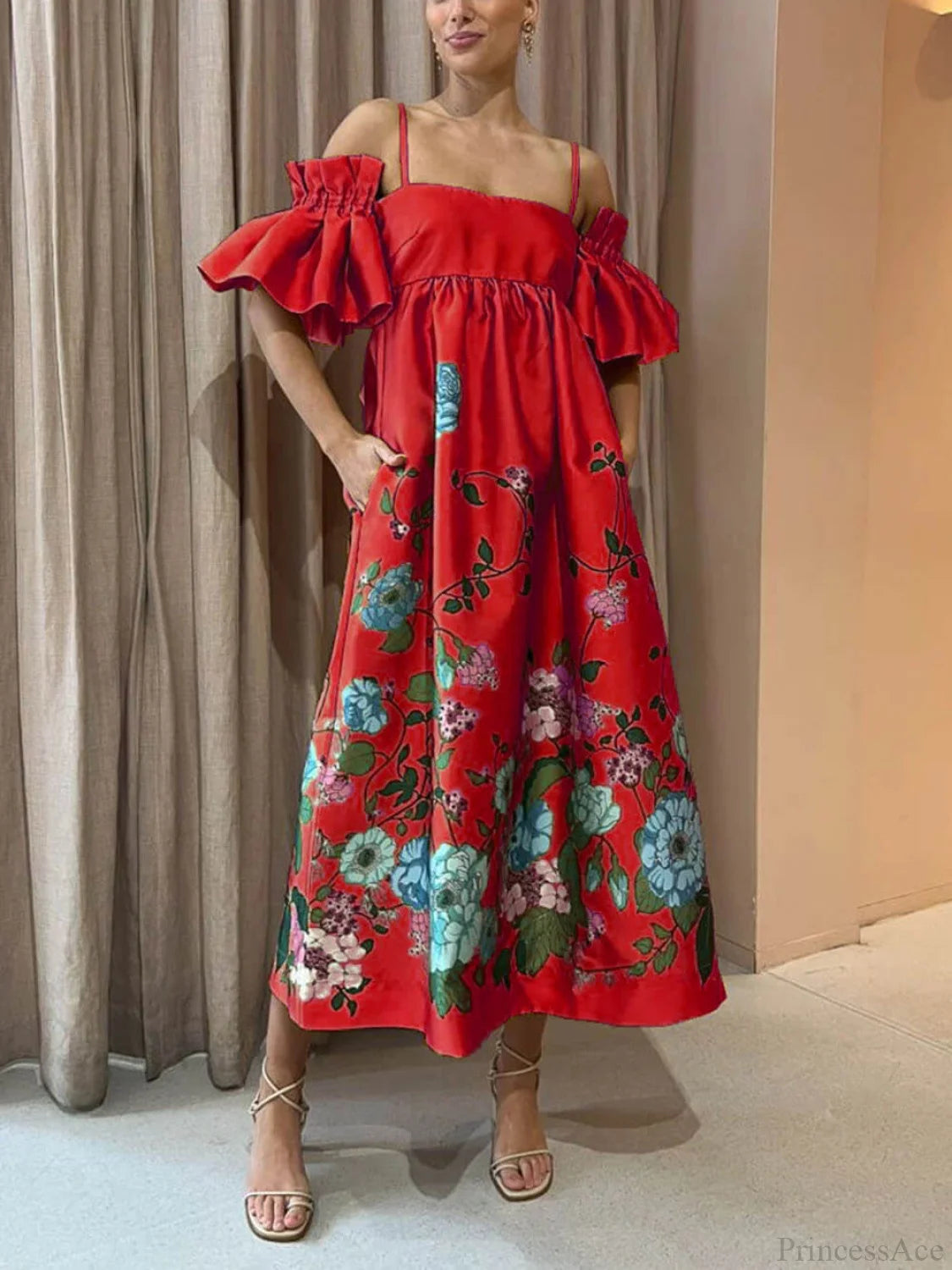 Marigold Printed Gathered Sleeve Graceful Pocketed A-Line Midi Dress Red / S Dresses