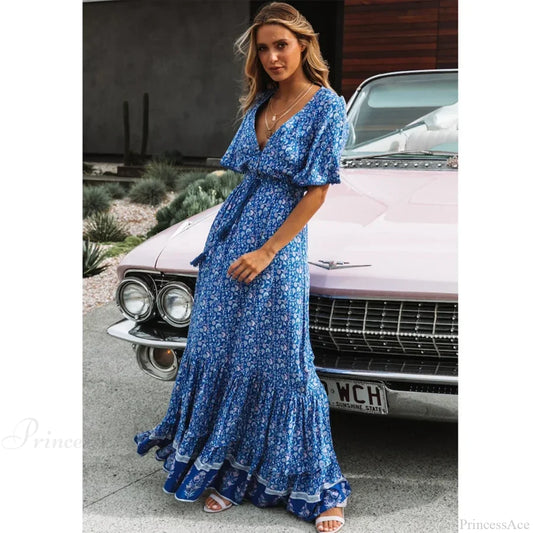 Maxi Dresses for Women Cotton Rayon Blue Floral Print Deep V-neck Boho Summer Dress bohodress-250126