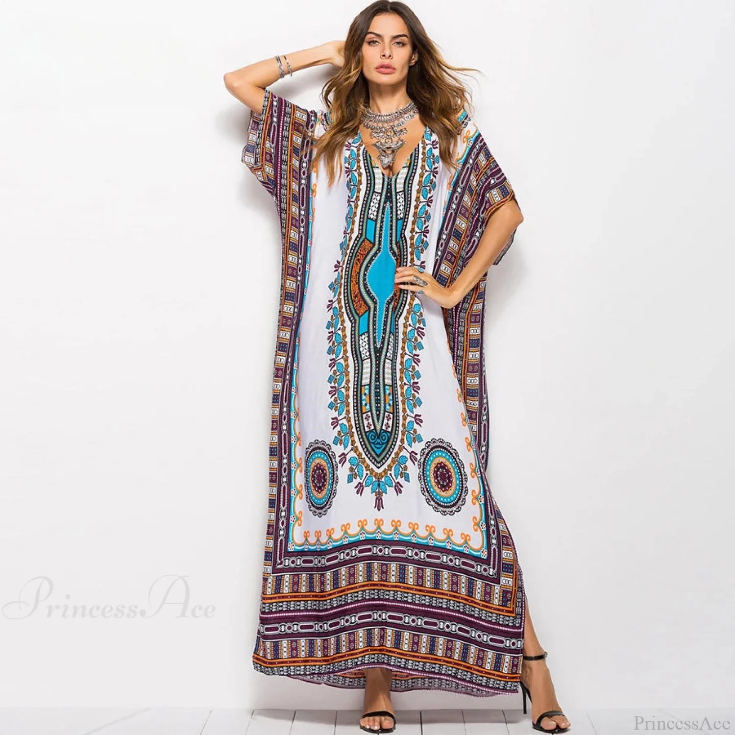Maxi Kaftan Dress Rayon Ethnic Floral Print Beach Sundress bohodress-250126