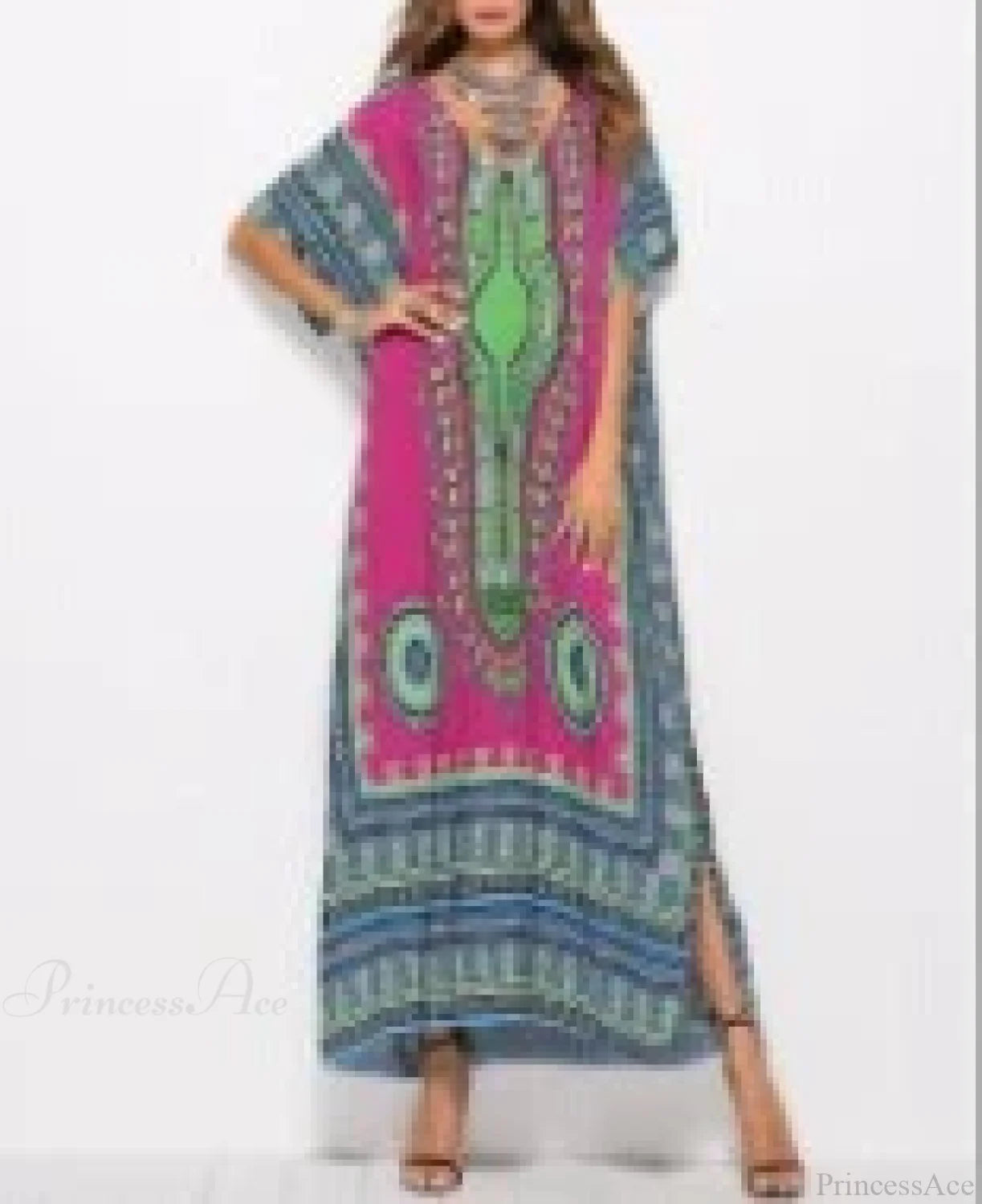 Maxi Kaftan Dress Rayon Ethnic Floral Print Beach Sundress Green / One Size bohodress-250126