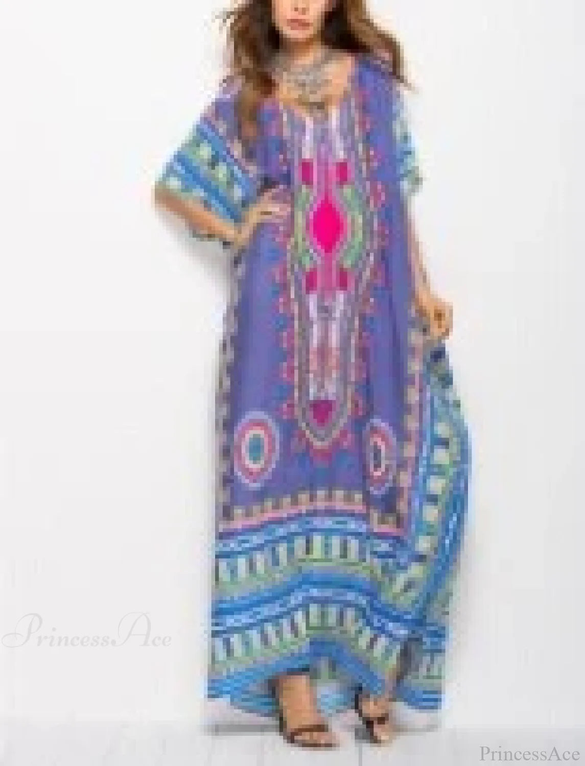 Maxi Kaftan Dress Rayon Ethnic Floral Print Beach Sundress Lavender / One Size bohodress-250126