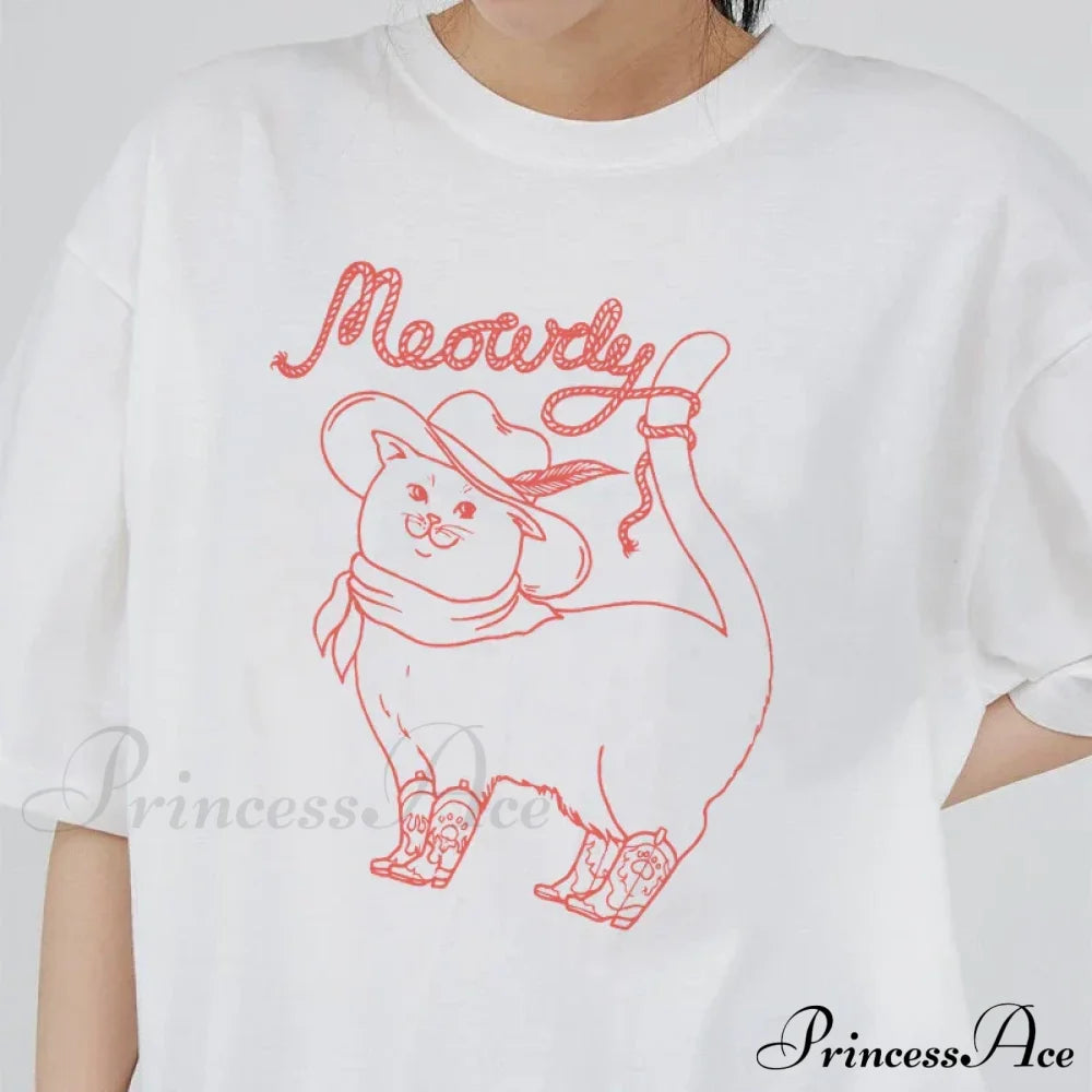 Meowdy Cat Stylish Graphic Tee Letter Print Cotton Tees
