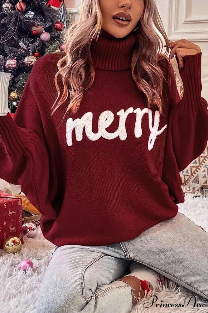Merry Dolman Sleeve Turtleneck Knitted Sweater Wine Red / S Sweaters-L