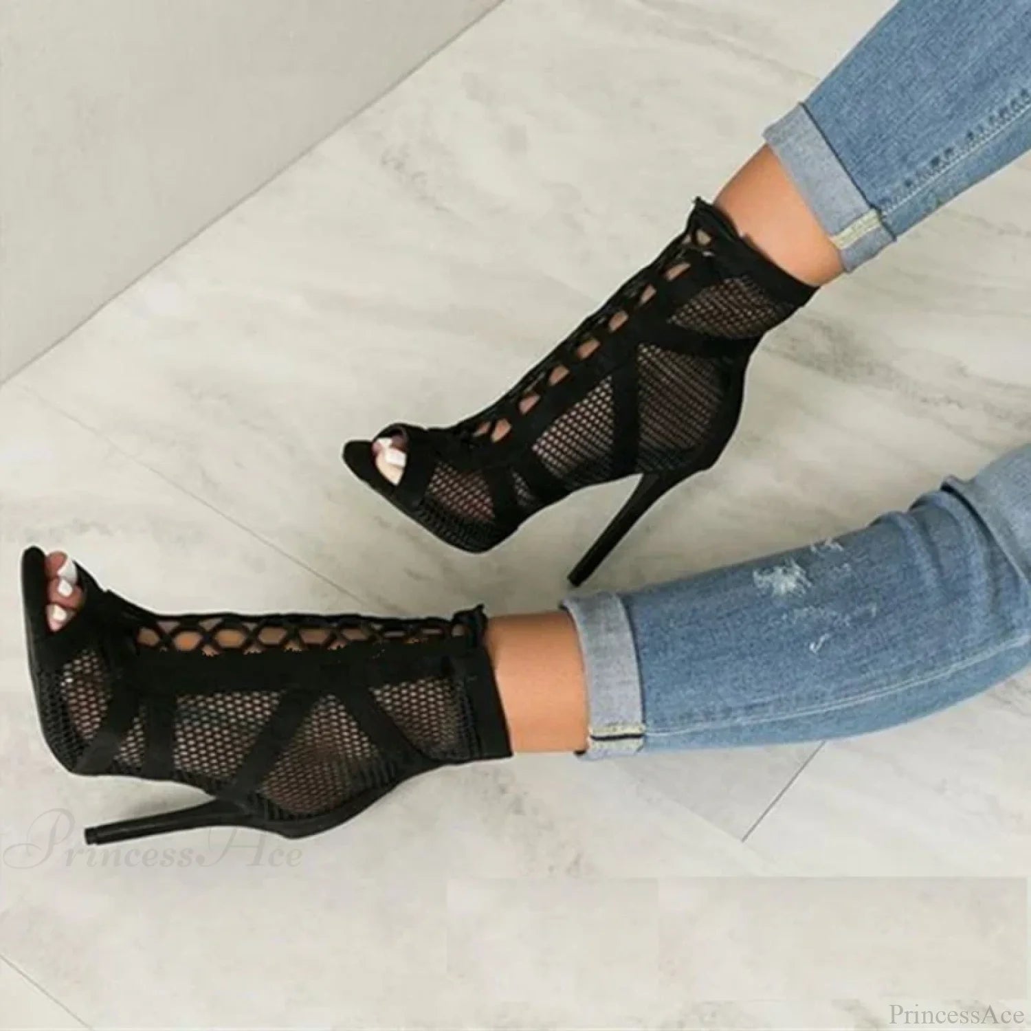 Mesh Hollow Lace-Up Sexy Cross-Tie Thin High Sandals Platform Dance Heel