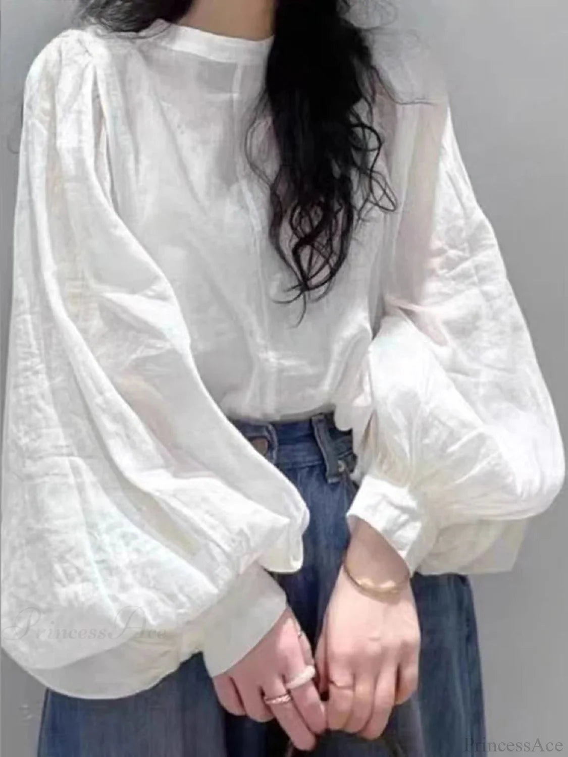 Mesh Lantern Sleeve Blouse Spring Tunic Blouse WHITE / S blouse-250126