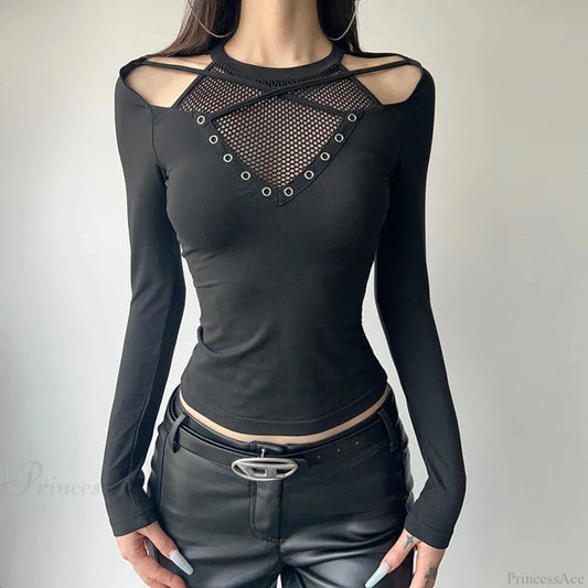 Mesh Patchwork Knitted Top Black / S