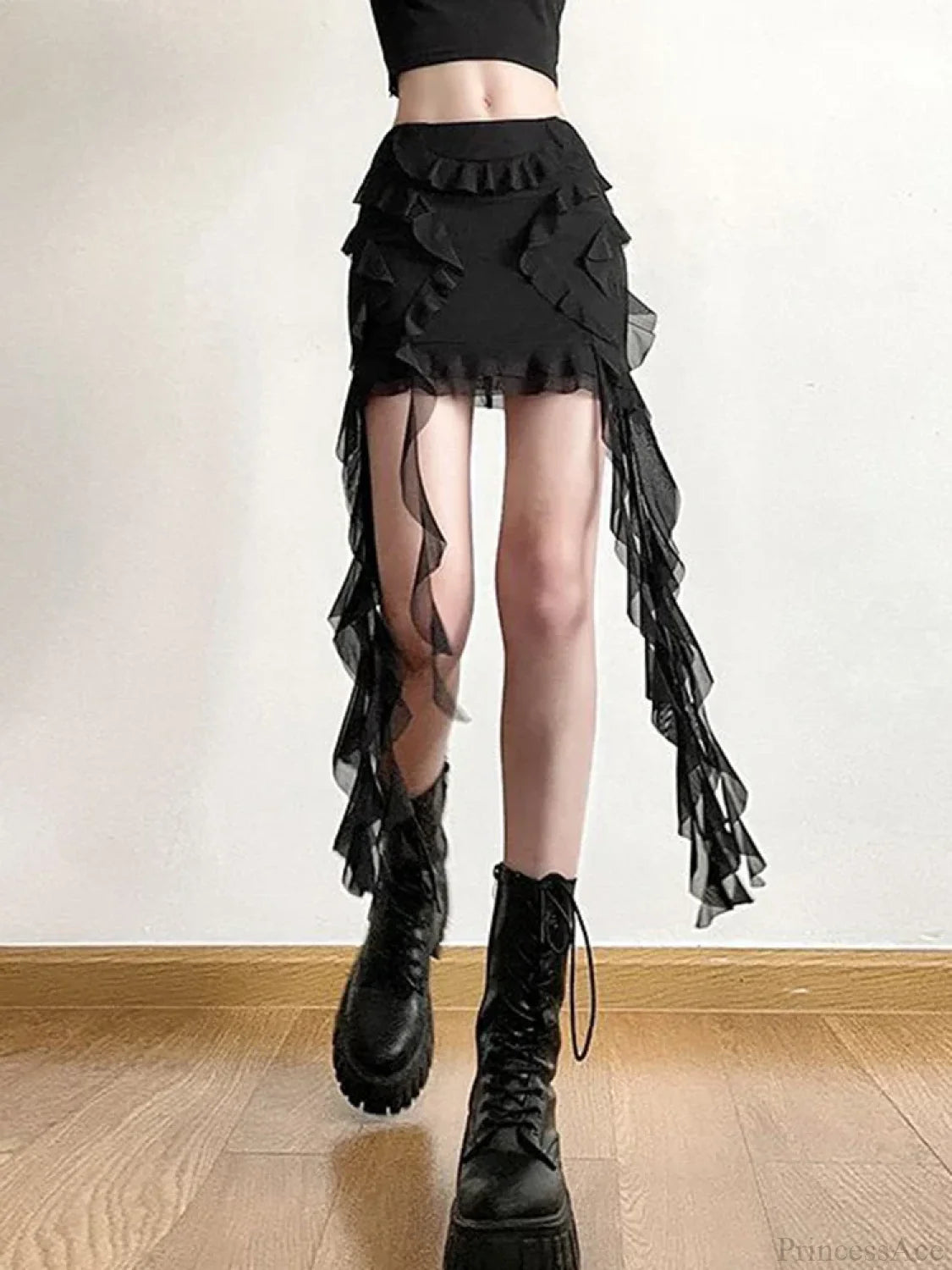 Mesh Patchwork Ruffled Mini Skirt