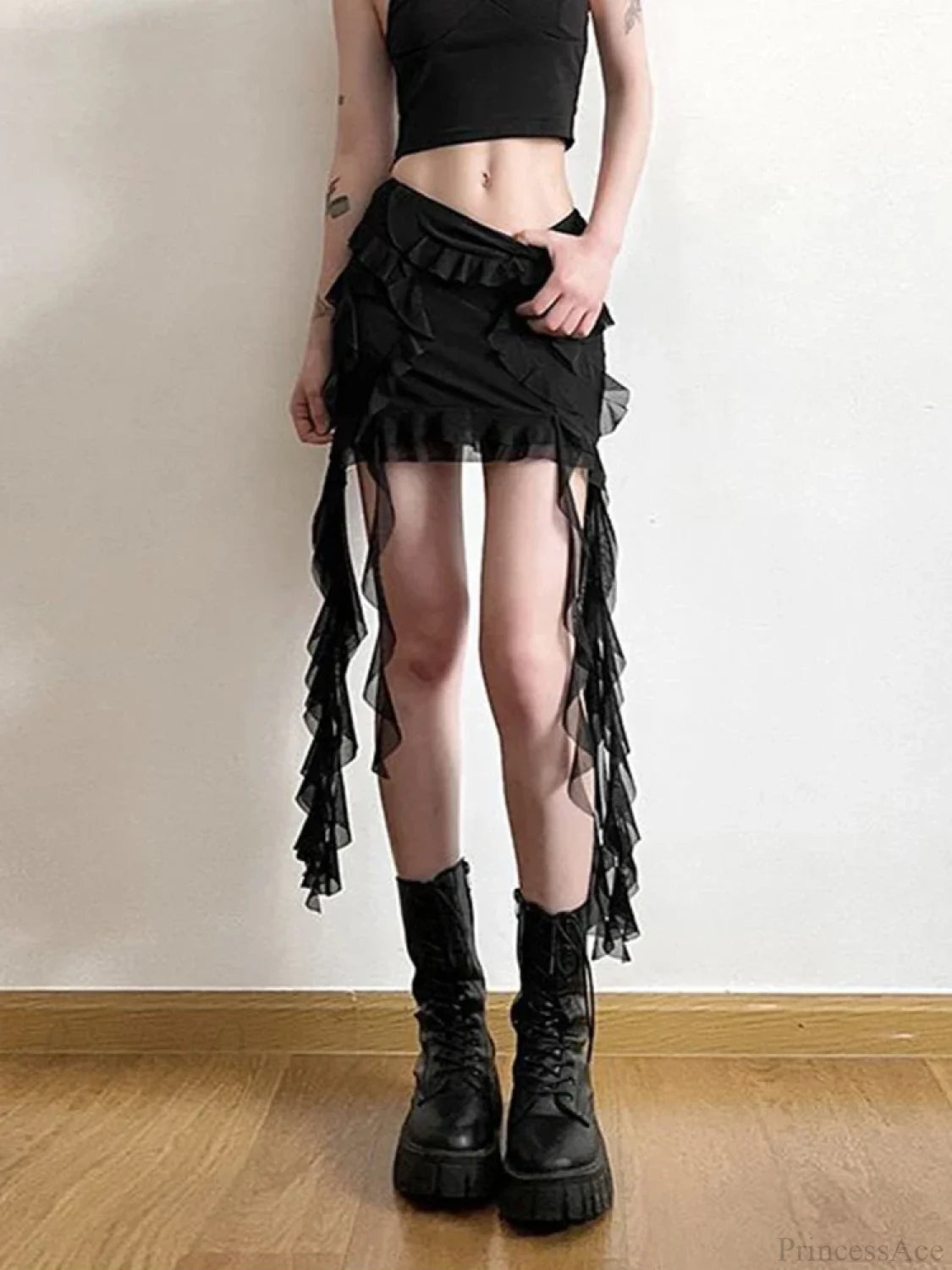 Mesh Patchwork Ruffled Mini Skirt Black / S