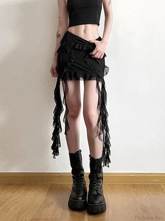 Mesh Patchwork Ruffled Mini Skirt Black / S