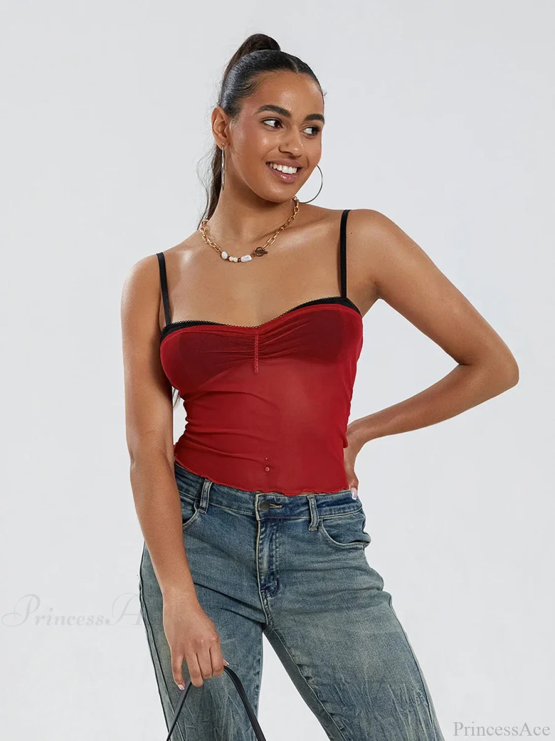 Mesh Ruched Color Patch Spaghetti Strap Crop Top RED / S croptop-250126