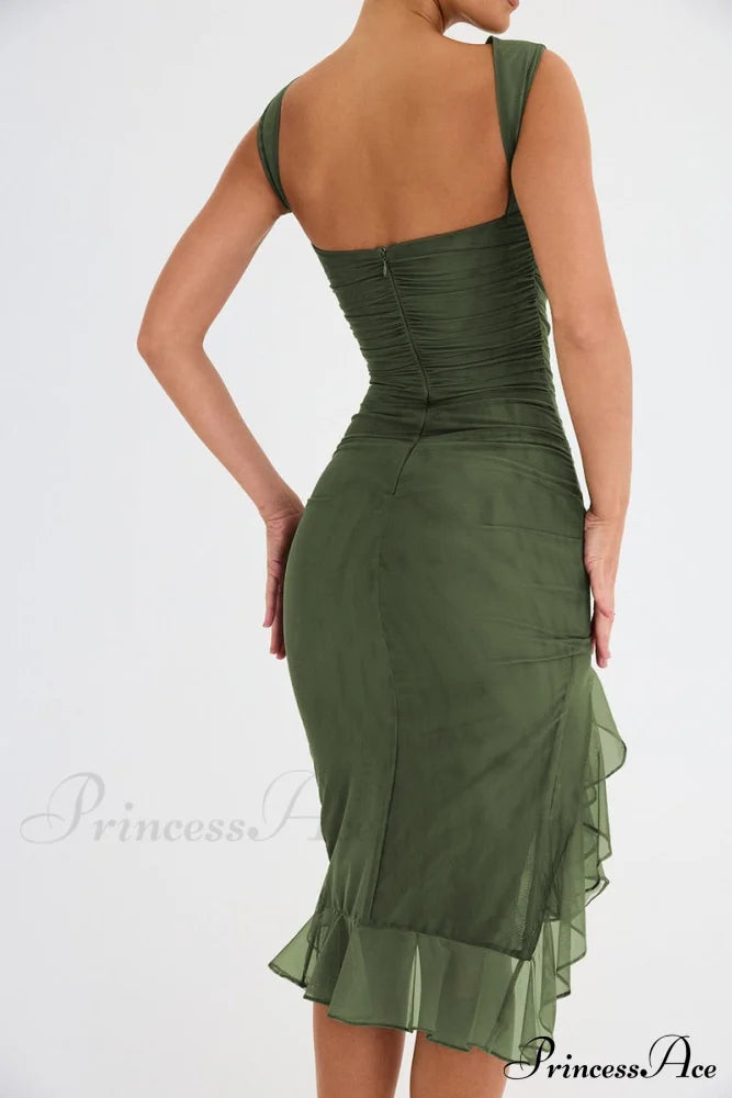 Mesh Ruffle Stylish Sleeveless Midi Dress