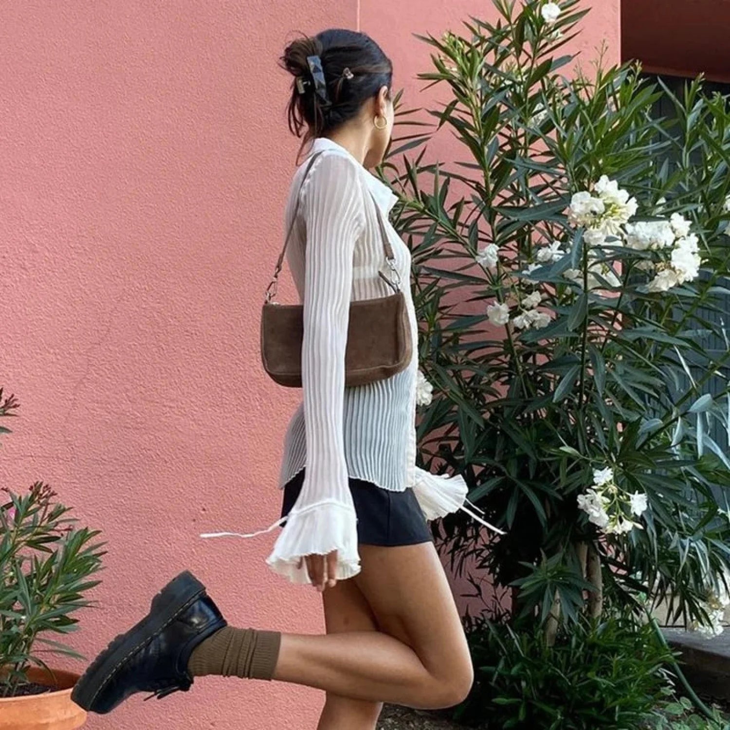 Mesh Sheer Flare Sleeve Crop Blouse blouse-250223