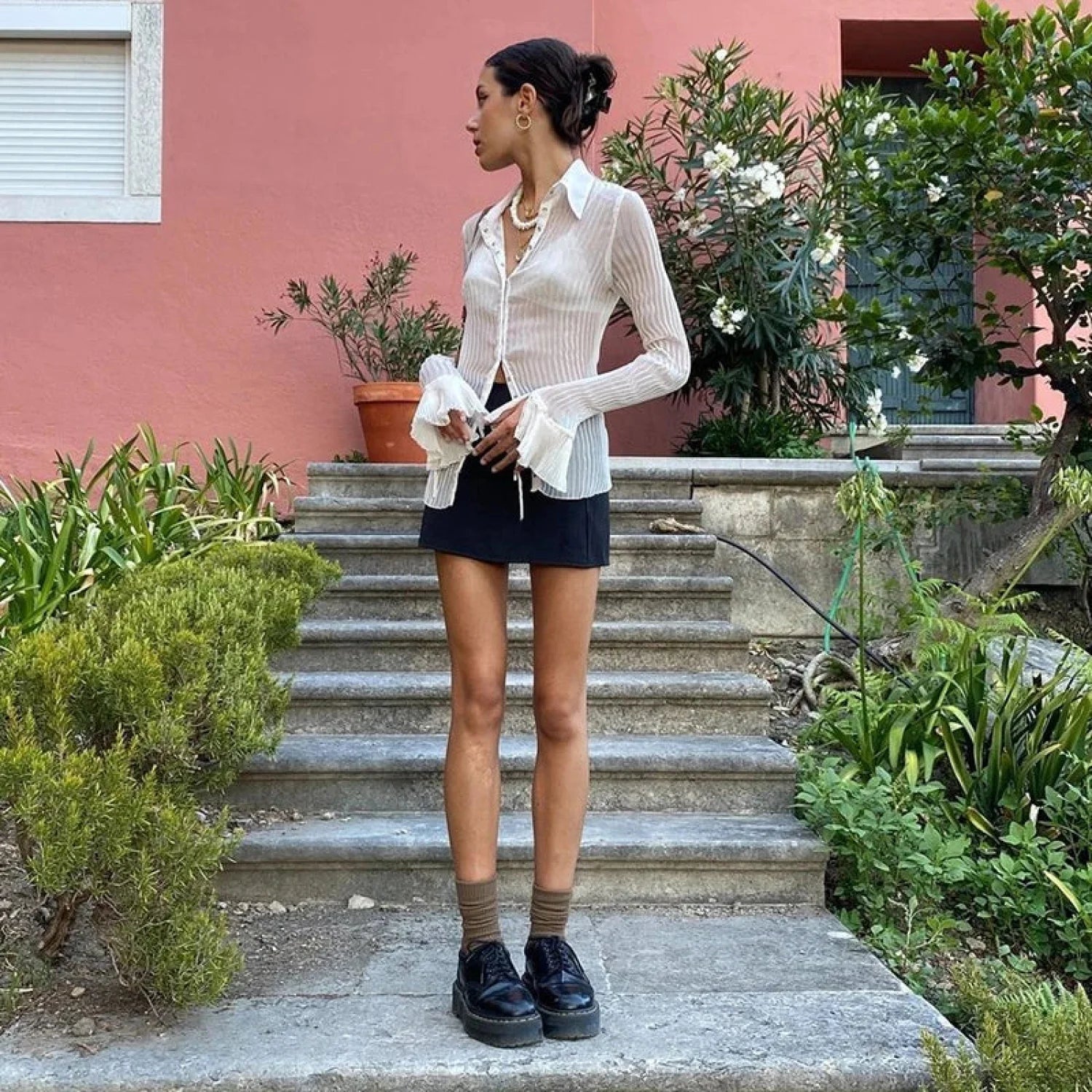 Mesh Sheer Flare Sleeve Crop Blouse blouse-250223