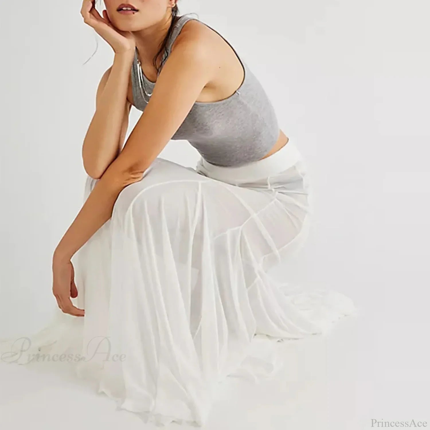 Mesh Sheer Ruffle Midi Skirt