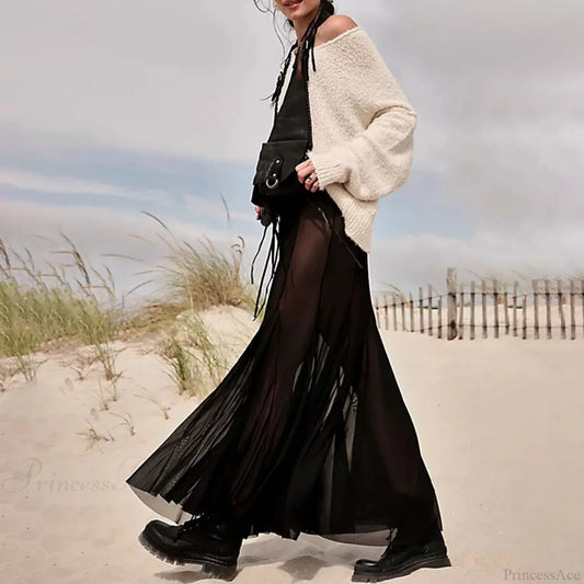 Mesh Sheer Ruffle Midi Skirt Black / S