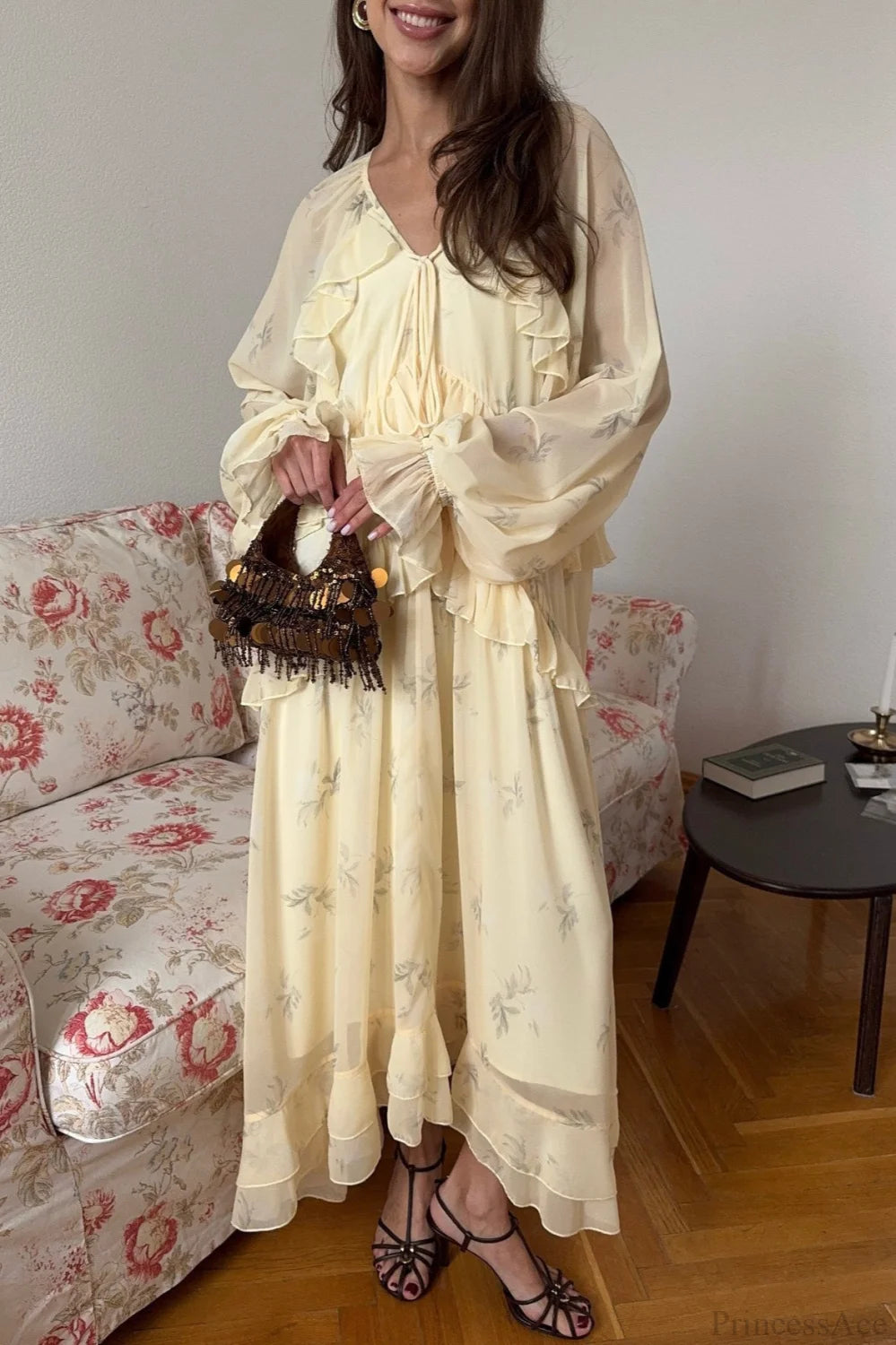 Mesh V Neck Ruffled Fitted Maxi Dress