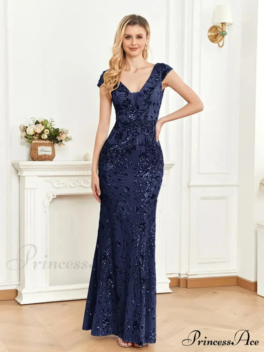 Mesh V Neck Sequin Cap Sleeve Ankle Prom Dress S / Pink Navy Blue Trumpet Mermaid Prom Dress